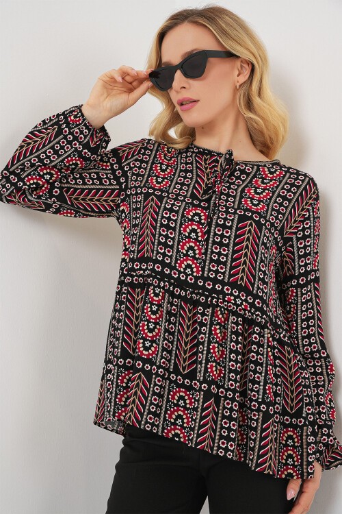 Kadın Desenli Uzun Kol Bluz 970 - Siyah
