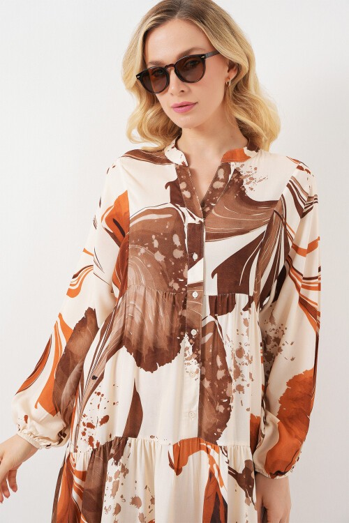 Kadın Desenli Uzun Tesettür Elbise 2585 - Kahverengi