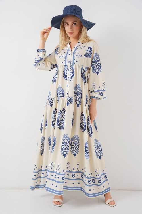 Kadın Desenli Uzun Tesettür Elbise 2585 - Krem