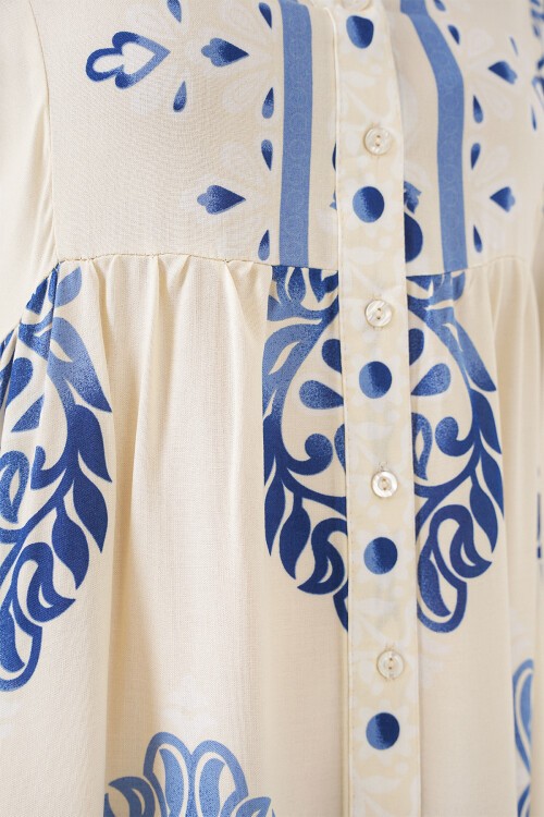 Kadın Desenli Uzun Tesettür Elbise 2585 - Krem