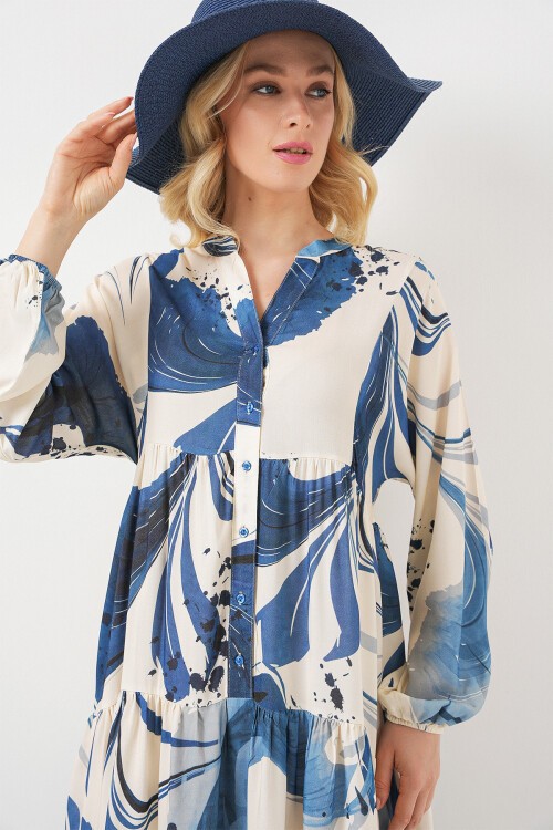 Kadın Desenli Uzun Tesettür Elbise 2585 - Lacivert