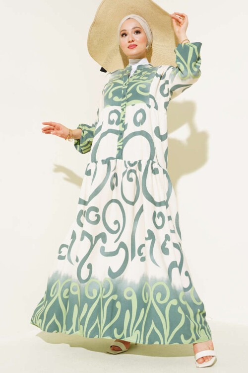 Merterium Kadın Desenli Yeşil Bej Viskon Tesettür Elbise 2423