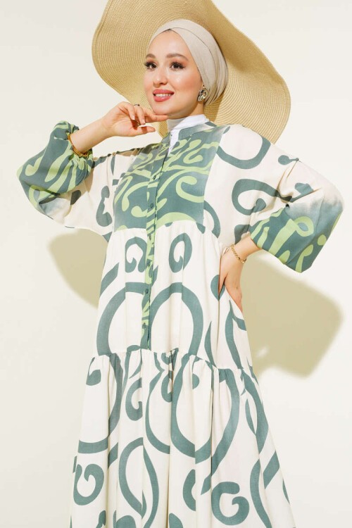 Merterium Kadın Desenli Yeşil Bej Viskon Tesettür Elbise 2423