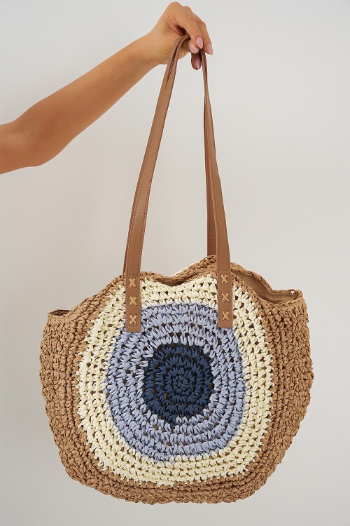 Merterium Kadın Desenli Yuvarlak Hasır Çanta 010191 - Bej