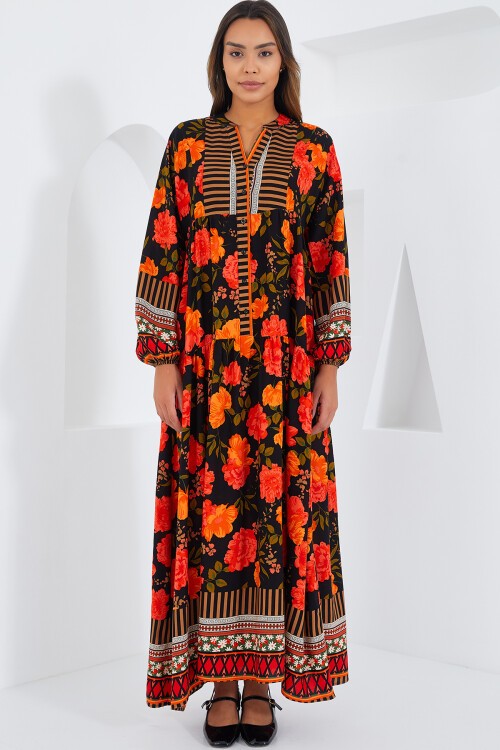 Merterium Kadın Ekru Siyah Viskon Tesettür Elbise 2423