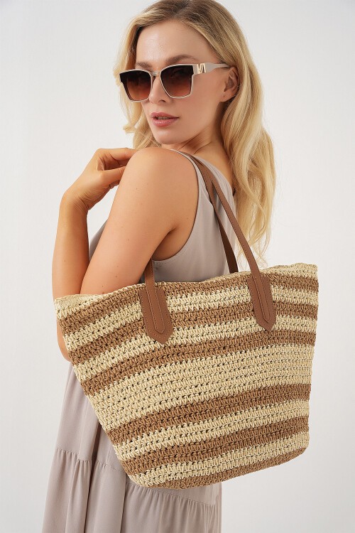 Merterium Kadın Fermuarlı Hasır Çanta 010189 - Bej