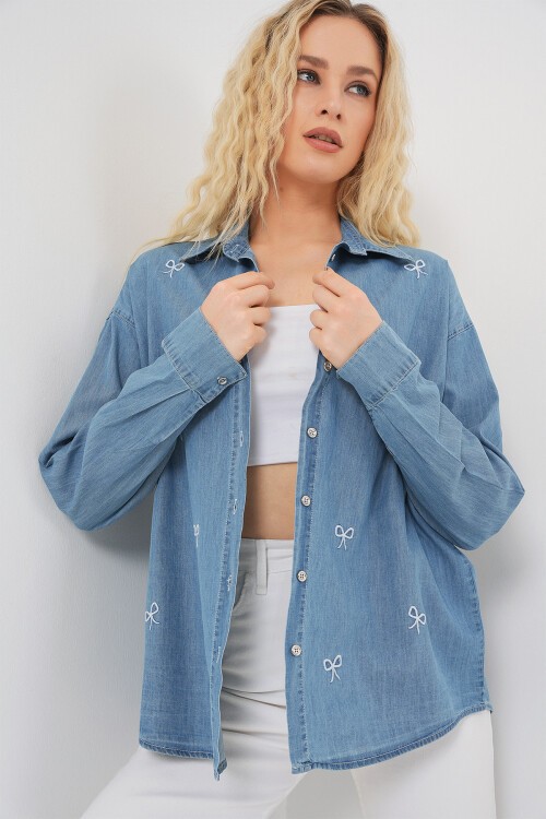 Kadın Fiyonlu Kot Gömlek 20329 - Mavi