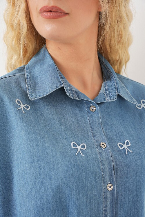 Kadın Fiyonlu Kot Gömlek 20329 - Mavi