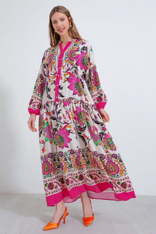 Merterium Kadın Fuşya Krem Desenli Viskon Tesettür Elbise 2423