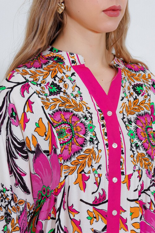 Merterium Kadın Fuşya Krem Desenli Viskon Tesettür Elbise 2423