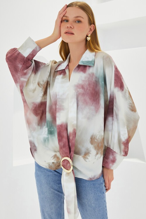 Merterium Kadın Gül Kurusu Ekru Oversize Dökümlü Saten Gömlek 907