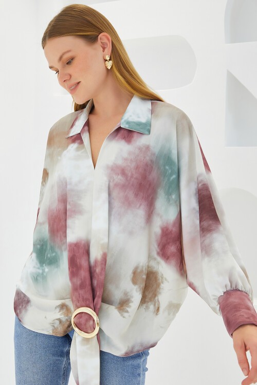 Merterium Kadın Gül Kurusu Ekru Oversize Dökümlü Saten Gömlek 907