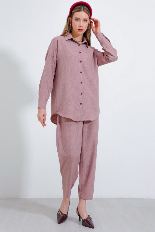 Merterium Kadın Gül Kurusu Oversize Keten Alt Üst Takım 6622