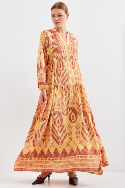 Merterium Kadın Hardal Sarısı Kiremit Viskon Tesettür Elbise 2423