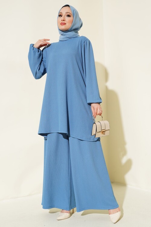 Merterium Kadın İndigo Tunik Pantolon Alt Üst Takım 6663