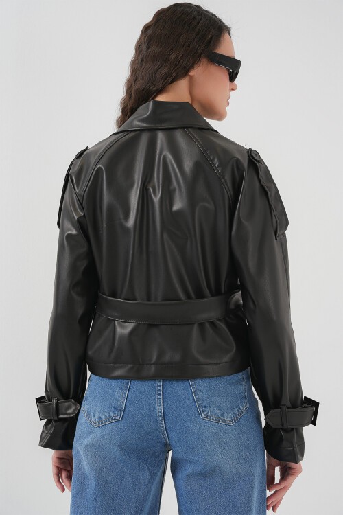 Merterium Kadın Kemer Detaylı Suni Deri Ceket 1006 - Siyah