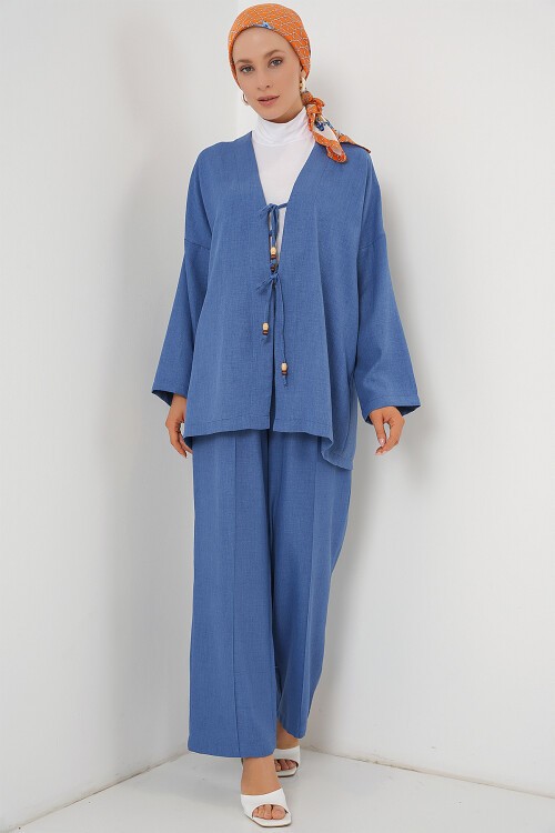 Merterium Kadın Keten Kimono Pantolon İkili Takım 1003 - İndigo
