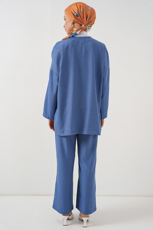 Merterium Kadın Keten Kimono Pantolon İkili Takım 1003 - İndigo