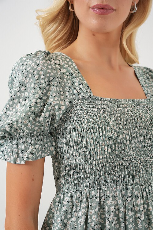 Merterium Kadın Kısa Kol Çiçekli Elbise 2556 - Mint