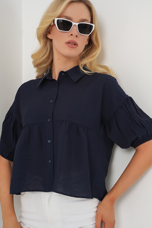 Merterium Kadın Kısa Kol Crop Gömlek 20335 - Lacivert