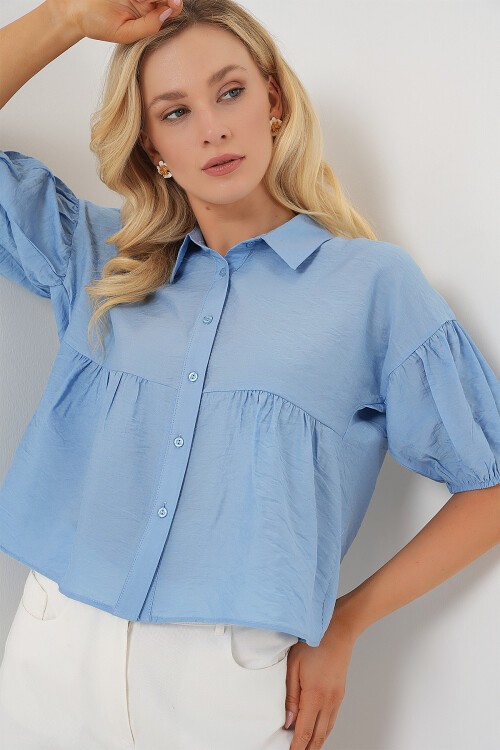 Merterium Kadın Kısa Kol Crop Gömlek 20335 - Mavi