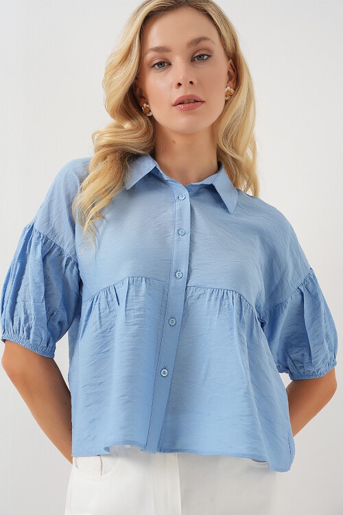 Merterium Kadın Kısa Kol Crop Gömlek 20335 - Mavi