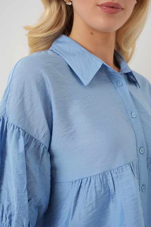 Merterium Kadın Kısa Kol Crop Gömlek 20335 - Mavi