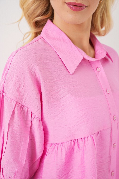 Merterium Kadın Kısa Kol Crop Gömlek 20335 - Pudra