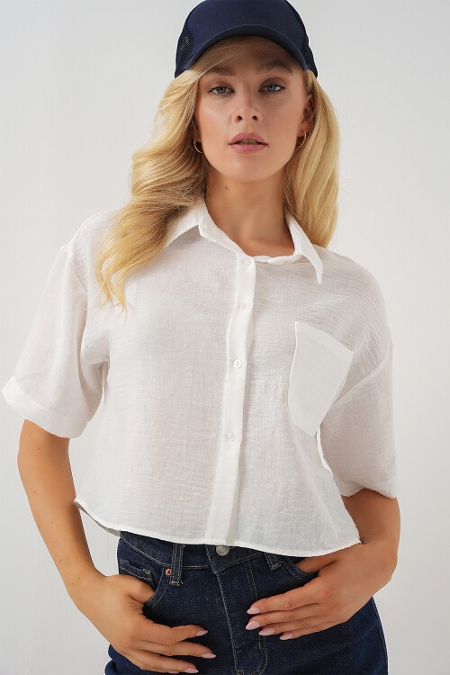 Merterium Kadın Kısa Kol Crop Gömlek 20341 - Beyaz