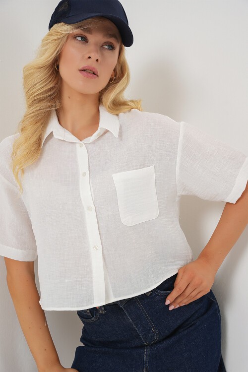 Merterium Kadın Kısa Kol Crop Gömlek 20341 - Beyaz