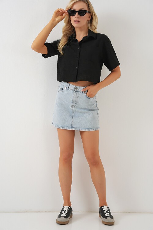 Merterium Kadın Kısa Kol Crop Gömlek 20341 - Siyah