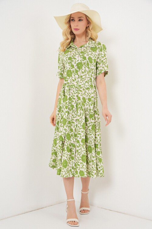 Kadın Kısa Kol Desenli Elbise 2560 - E.Yeşil