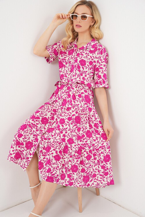 Kadın Kısa Kol Desenli Elbise 2560 - Fuşya