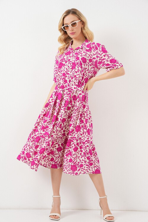Kadın Kısa Kol Desenli Elbise 2560 - Fuşya