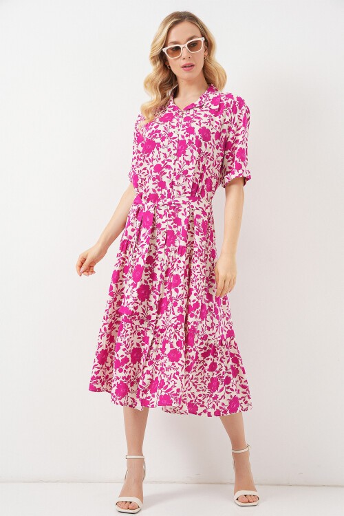Kadın Kısa Kol Desenli Elbise 2560 - Fuşya