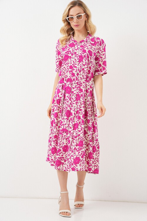 Kadın Kısa Kol Desenli Elbise 2560 - Fuşya