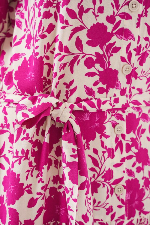 Kadın Kısa Kol Desenli Elbise 2560 - Fuşya