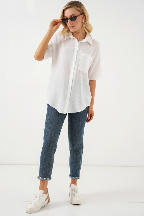 Merterium Kadın Kısa Kol Keten Görünümlü Gömlek 20336 - Beyaz