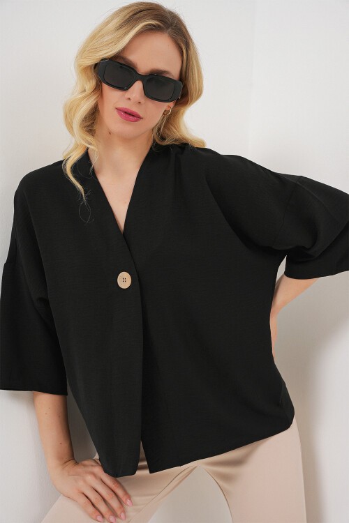 Kadın Kısa Kol Oversize Kimono 5969 - Siyah