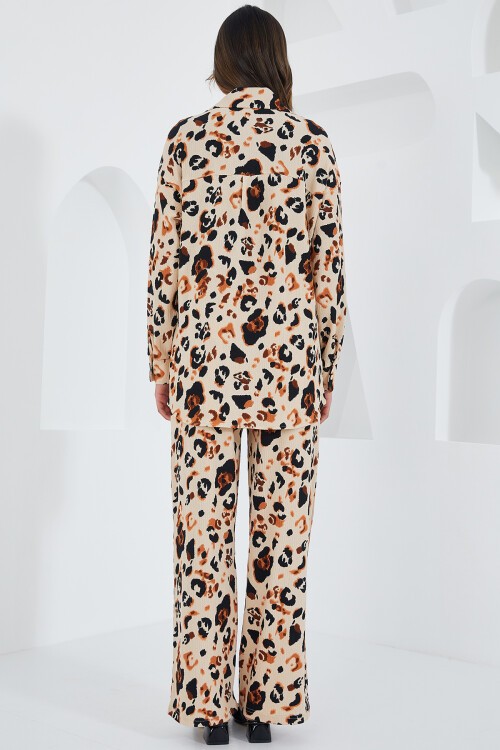 Kadın Krem Kahverengi Desenli Örme İkili Takım 5858