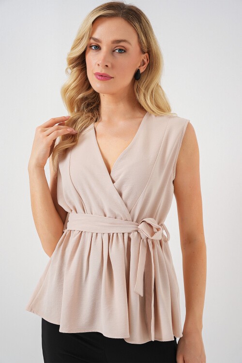 Merterium Kadın Kruvaze Yaka Kolsuz Bluz 966 - Krem