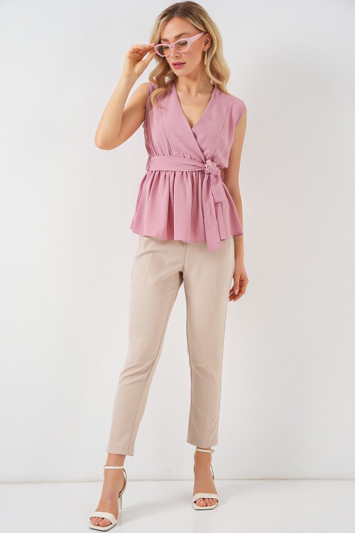 Merterium Kadın Kruvaze Yaka Kolsuz Bluz 966 - Pudra