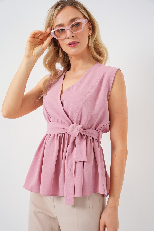 Merterium Kadın Kruvaze Yaka Kolsuz Bluz 966 - Pudra