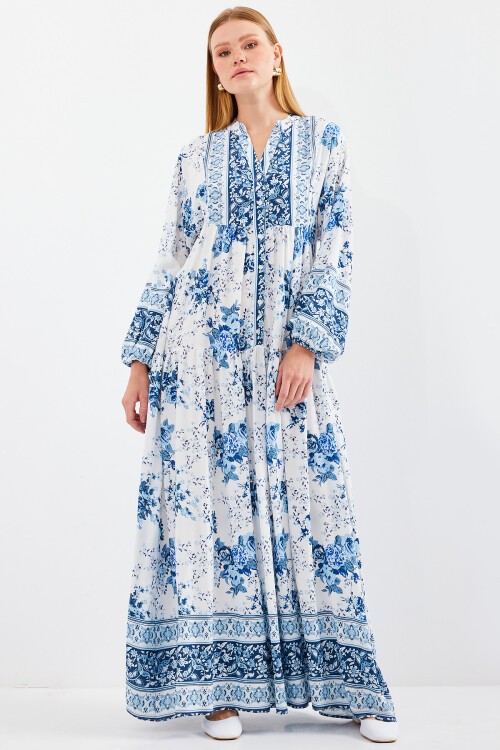 Merterium Kadın Mavi Beyaz Viskon Tesettür Elbise 2423