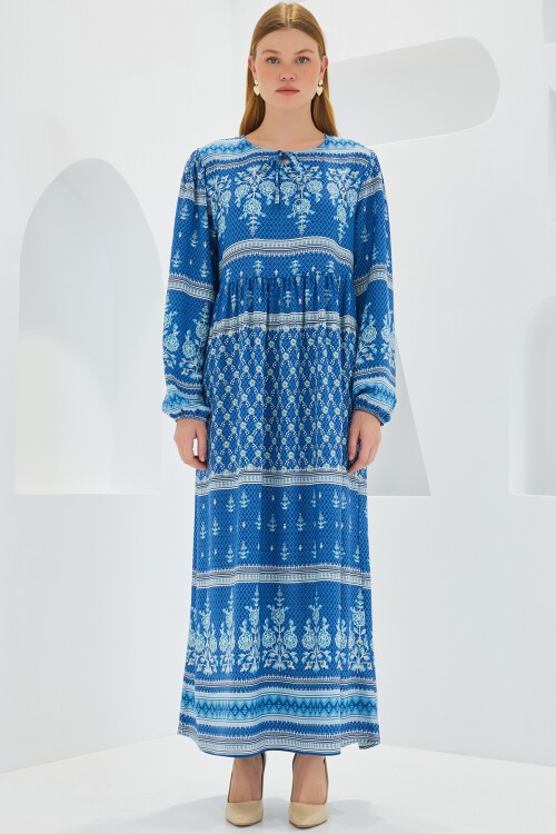 Merterium Kadın Mavi Ekru Desenli Uzun Viskon Elbise 1947