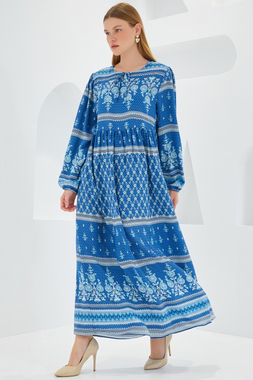 Merterium Kadın Mavi Ekru Desenli Uzun Viskon Elbise 1947