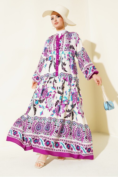 Merterium Kadın Mürdüm Krem Viskon Tesettür Elbise 2423