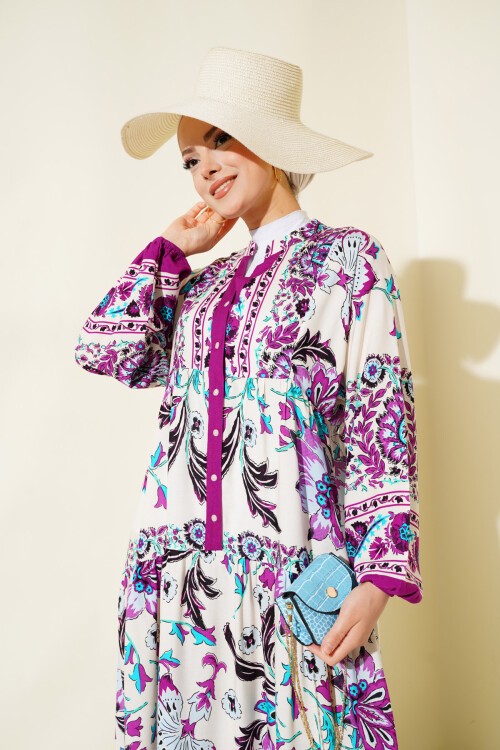 Merterium Kadın Mürdüm Krem Viskon Tesettür Elbise 2423