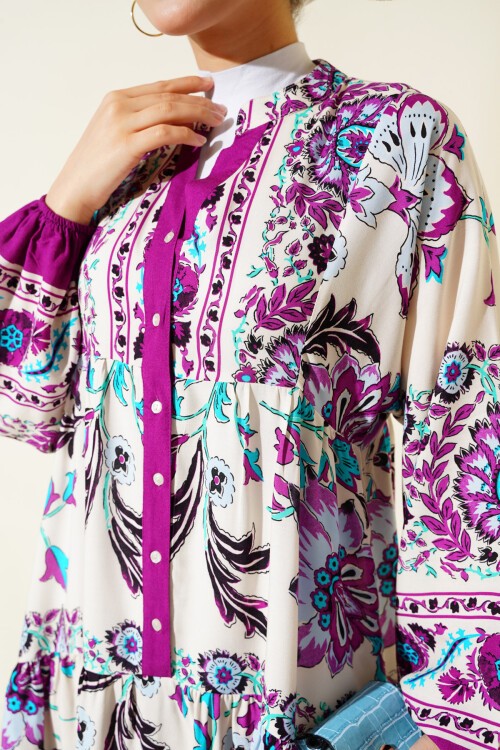 Merterium Kadın Mürdüm Krem Viskon Tesettür Elbise 2423