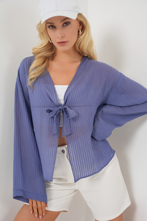 Merterium Kadın Önü Bağcıklı Bluz 952 - İndigo